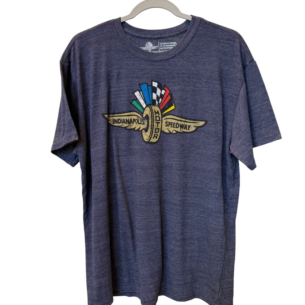 Indianapolis Motor Speedway Mens 2XL Blue Tri-Blend Graphic T-Shirt Racing Logo